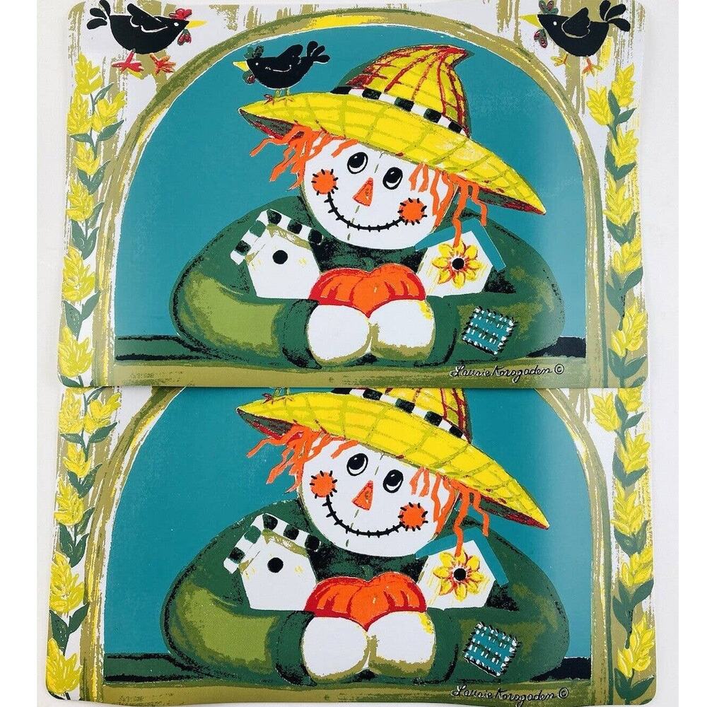 Set of 2- Laurie Korsgaden Halloween placemat Set Scarecrow Fall Autumn Pumpkin